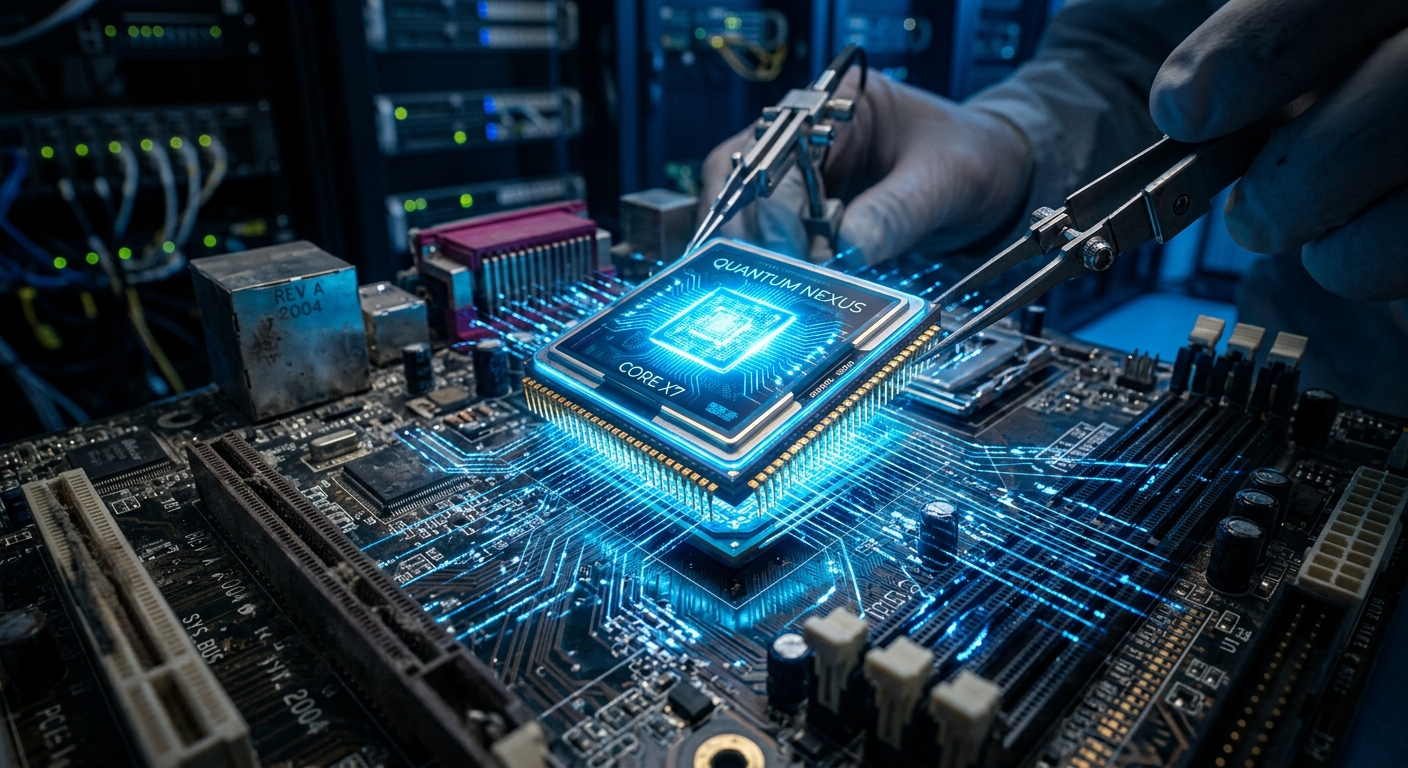 A high-detail, cinematic macro shot of a glowing, modern processor chip being meticulously integrated into an older, complex server motherboard. Intricate digital data streams and vibrant blue light pulses flow outward from the new core, revitalizing the surrounding industrial circuitry. The setting is a clean, dimly lit high-tech data center with blurred server racks in the background. The visual style is sleek and professional, using a shallow depth of field to emphasize the transition from legacy hardware to advanced modern technology.