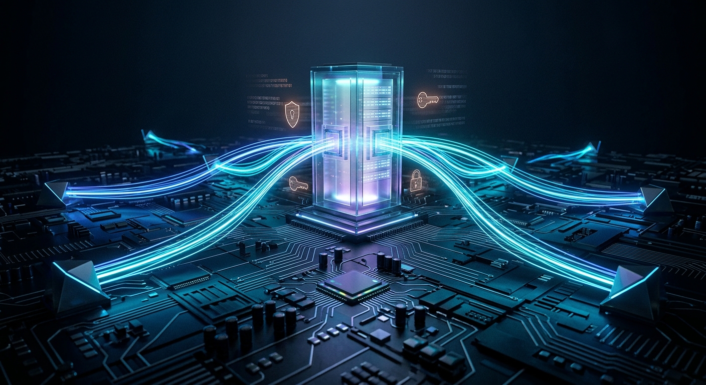 A high-end, conceptual editorial illustration of a custom network relay station. At the center is a glowing, translucent server tower or data hub sitting atop a dark, intricate digital motherboard grid. Brilliant blue and neon cyan data streams arc from the central hub to various distant geometric nodes, representing high-speed traffic rerouting across a private network. Faint, holographic lines of code and security symbols like glowing digital shields float in the atmosphere. The lighting is cinematic with deep shadows and vibrant luminescent accents, conveying a sense of speed, security, and advanced infrastructure. 3D render, sleek tech aesthetic, wide-angle perspective.