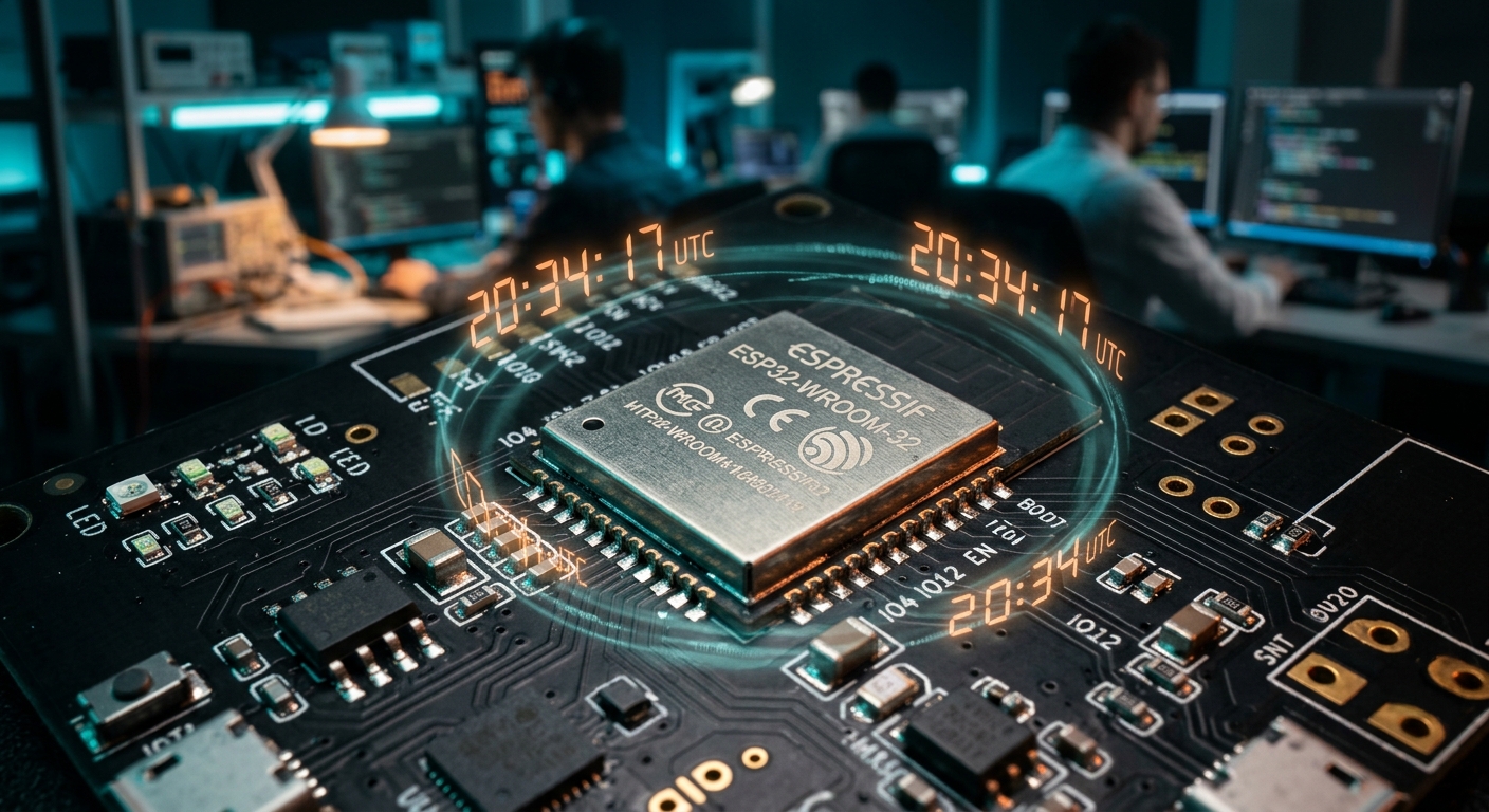 A high-quality, editorial macro photograph of an ESP32 microcontroller module resting on a sleek, dark electronic circuit board. The scene is illuminated by cinematic teal and orange lighting, highlighting the intricate metallic traces and tiny surface-mount components. Faint, glowing digital clock digits and ethereal data streams pulse softly around the chip, symbolizing its connection to a wireless network and synchronized time. The background features a soft-focus bokeh of a modern tech laboratory, creating a professional and futuristic atmosphere centered on IoT innovation and precision.