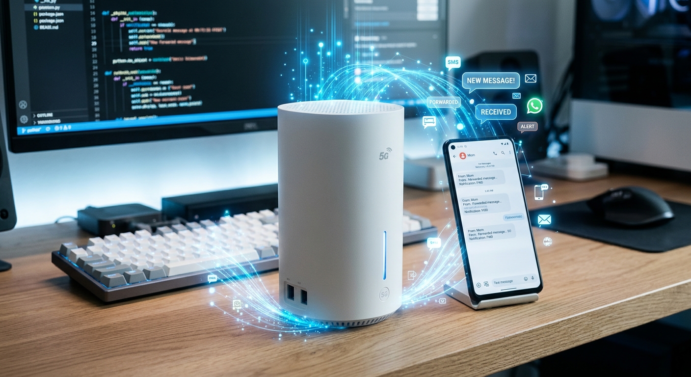 An editorial-style photograph of a sleek, white cylindrical 5G CPE router positioned on a clean technical workspace. Glowing ethereal blue data streams and digital notification icons float upwards from the router toward a nearby smartphone, illustrating the concept of automated message forwarding. The background features a soft-focus mechanical keyboard and a monitor displaying subtle lines of programming code. Cinematic lighting with a cool color palette of whites and electric blues, emphasizing a high-tech and sophisticated atmosphere.